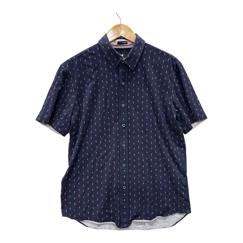 Buttercloth Icy Cotton Mens Large Navy Pink Flamingo Short Sleeve Button Shirt